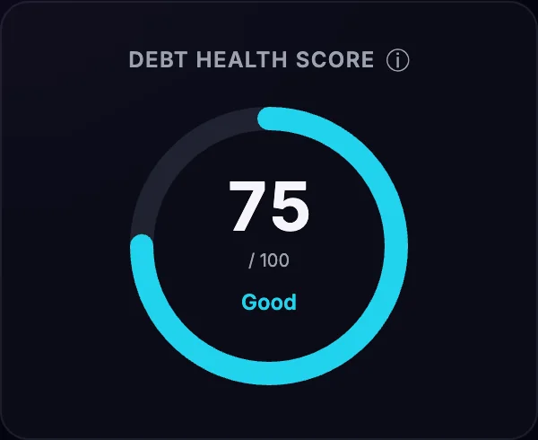 Debt health score of 75 out of 100, rated Good.